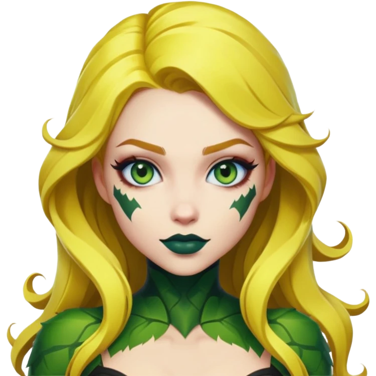 poison ivy fortnite skin blue eyes, dark green lip, yellow hair  emoji