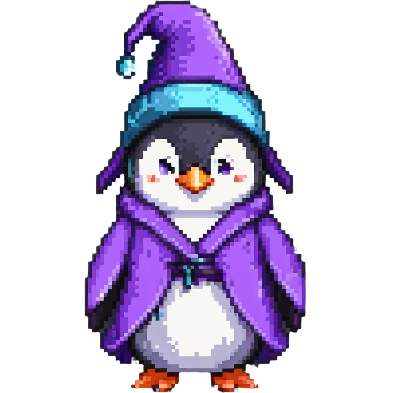 penguin character as a wizard with purple robe and pointy hat emoji