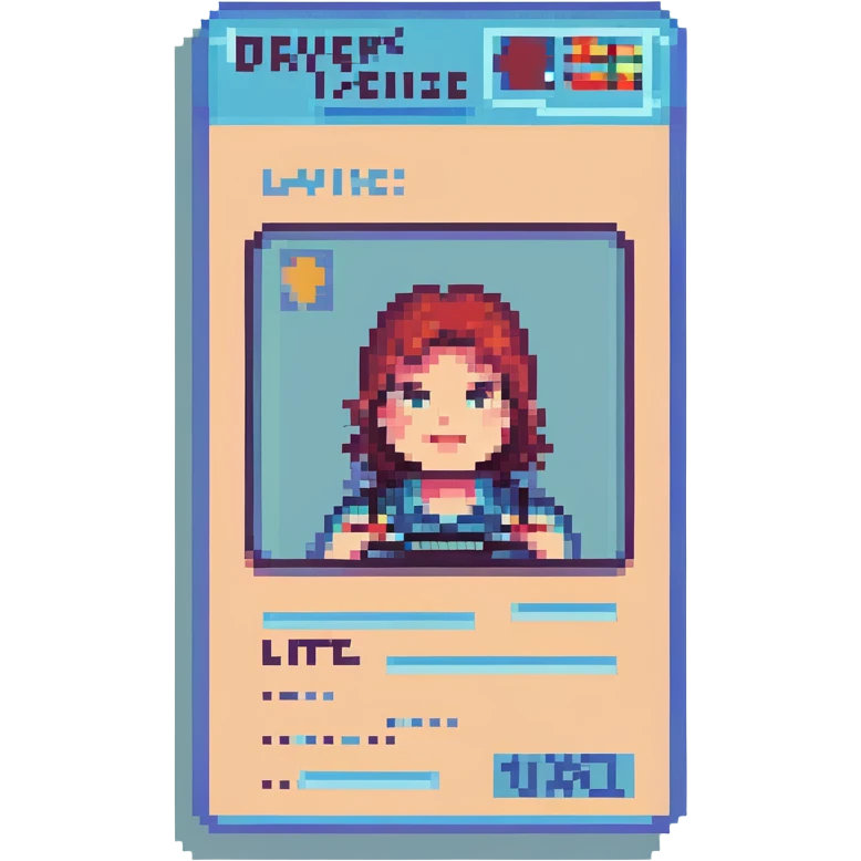 A driver's license designed as a pixel art image with blocky, retro graphics. emoji