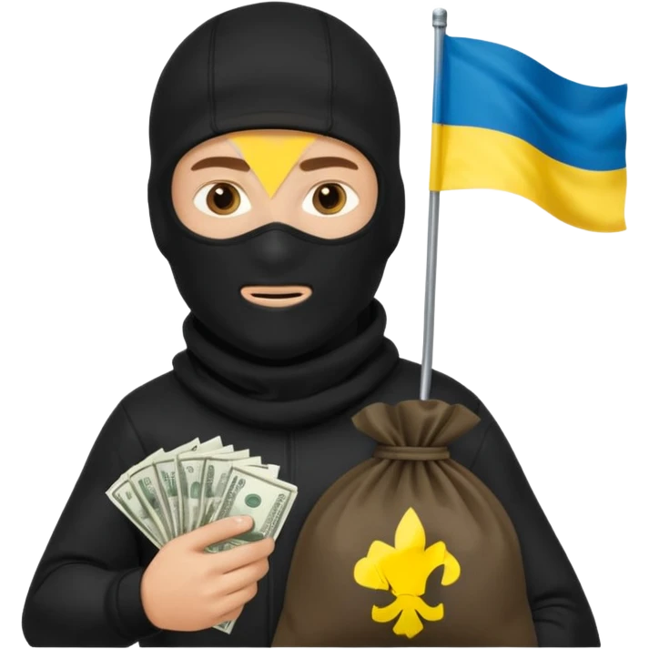создай реалистичного белого украинца в черное одежде и черной балаклаве и в руках большой мешок денег с флагом украины на нем emoji