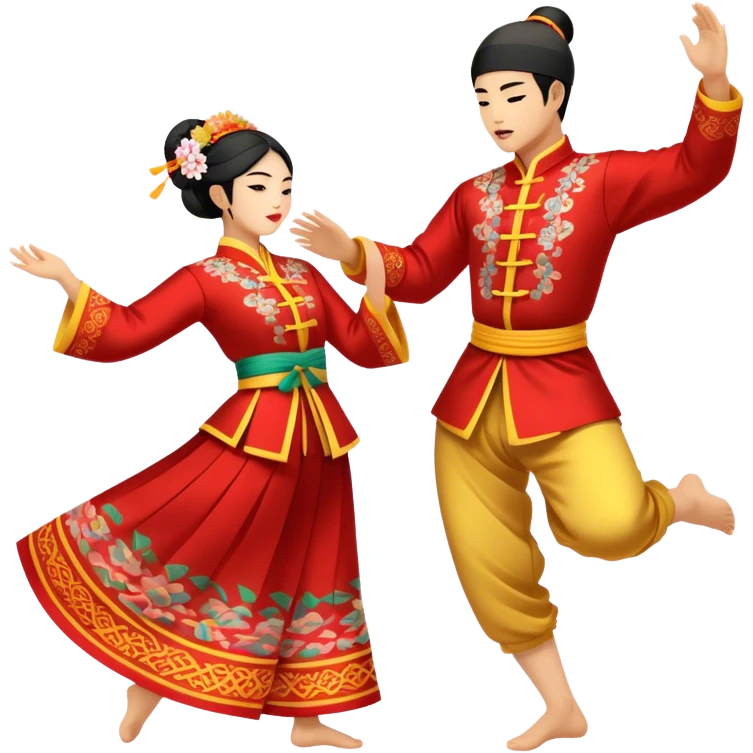 Cinematic Realistic scene of two performers executing a traditional Vietnamese folk dance, adorned in intricately patterned traditional costumes, captured in fluid motion with soft, culturally rich lighting emoji