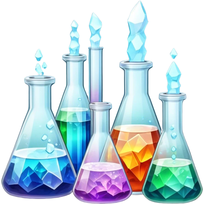 A set of colorful growing crystals in various stages of development, surrounded by beakers and jars with chemical solutions. Light shining on the crystals creates a dazzling glow. Background of a clean, well-lit workspace with scientific tools and equipment. Transparent background. emoji