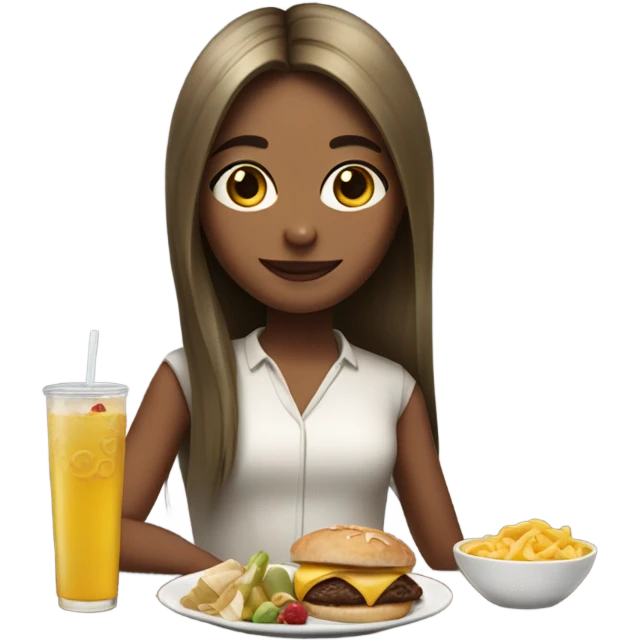 a girl who has a  medium skin looks stylish with long straight hair enjoys drinking and eating emoji