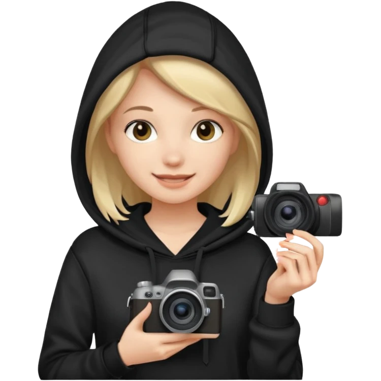 Young female, holding camera, black hoodie emoji