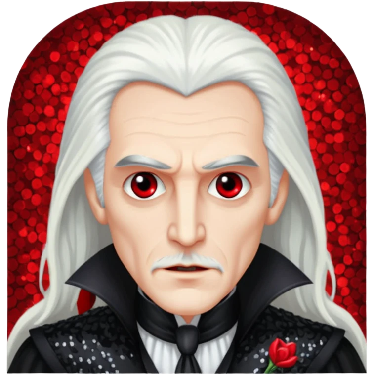Count Dracula with long white hair, black sequin outfit  emoji