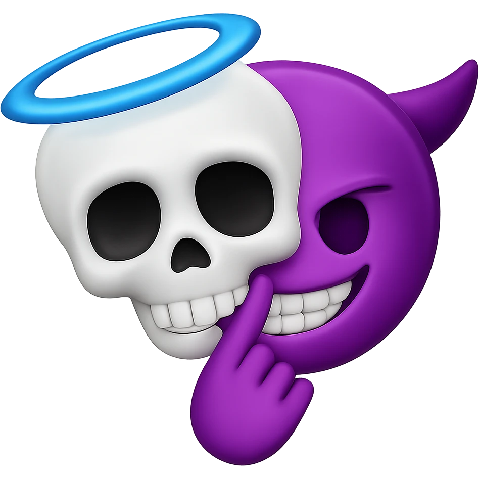 Recreate an emoji featuring a white skull with a blue halo and a purple devil skull, both sharing a mischievous hand gesture. Match the original style as closely as possible. The background should be transparent. emoji