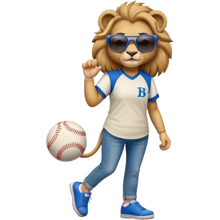confident anthropomorphised female lion wearing a baseball shirt, jeans, trainers, dark sunglasses, walking upright, looking self-assured emoji