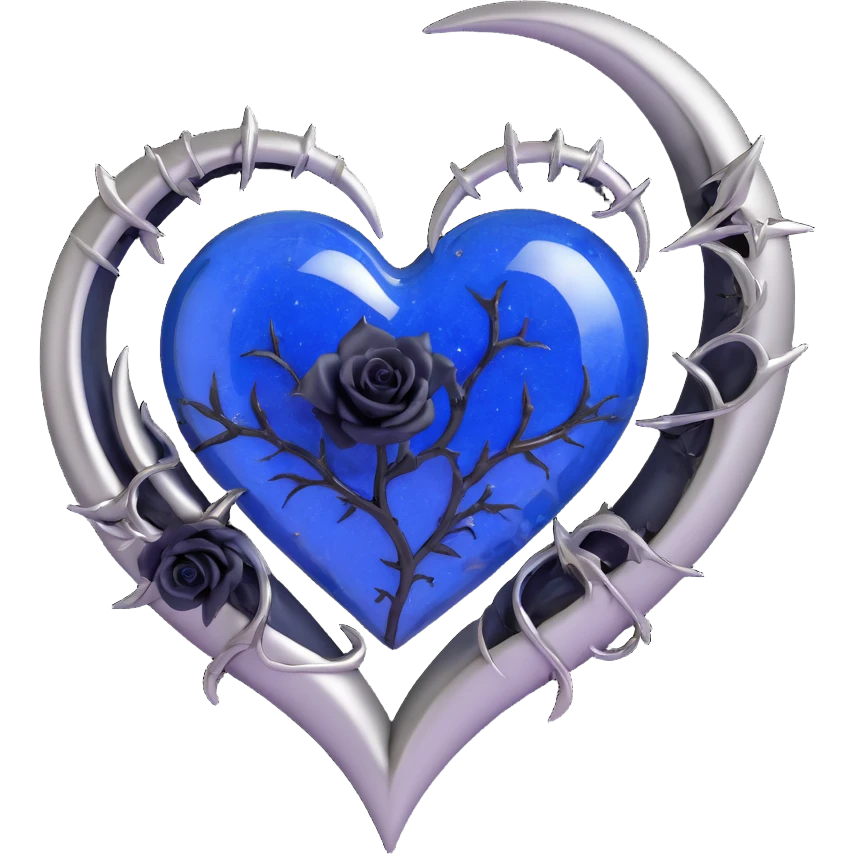 gothic heart in deep blue glass, featuring a silver crescent moon, black rose accents, sparkling stardust, lightning bolt crack, wet glossy finish, fractured glass details emoji