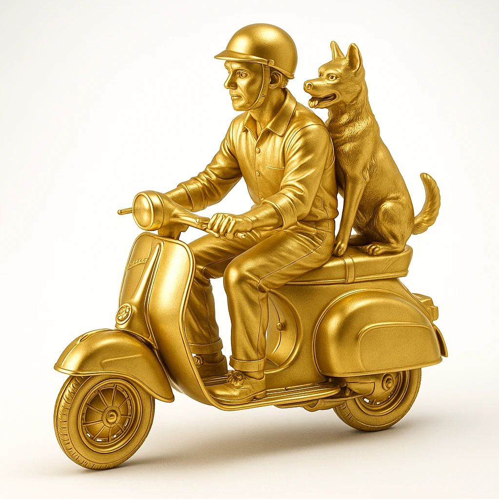 man and his pet dog riding a vespa emoji