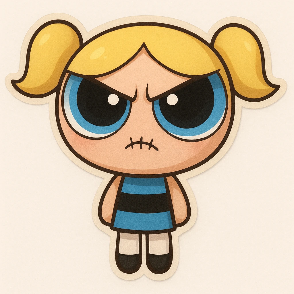 Add a stitched mouth and angry, furrowed brows to the character, maintaining the original cartoon style and quality. emoji
