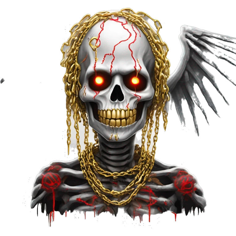 White skeleton zombie person covered in golden chains and black graffiti scribbles and red and silver doodles wings made of neon lightning snowing snowflakes emoji