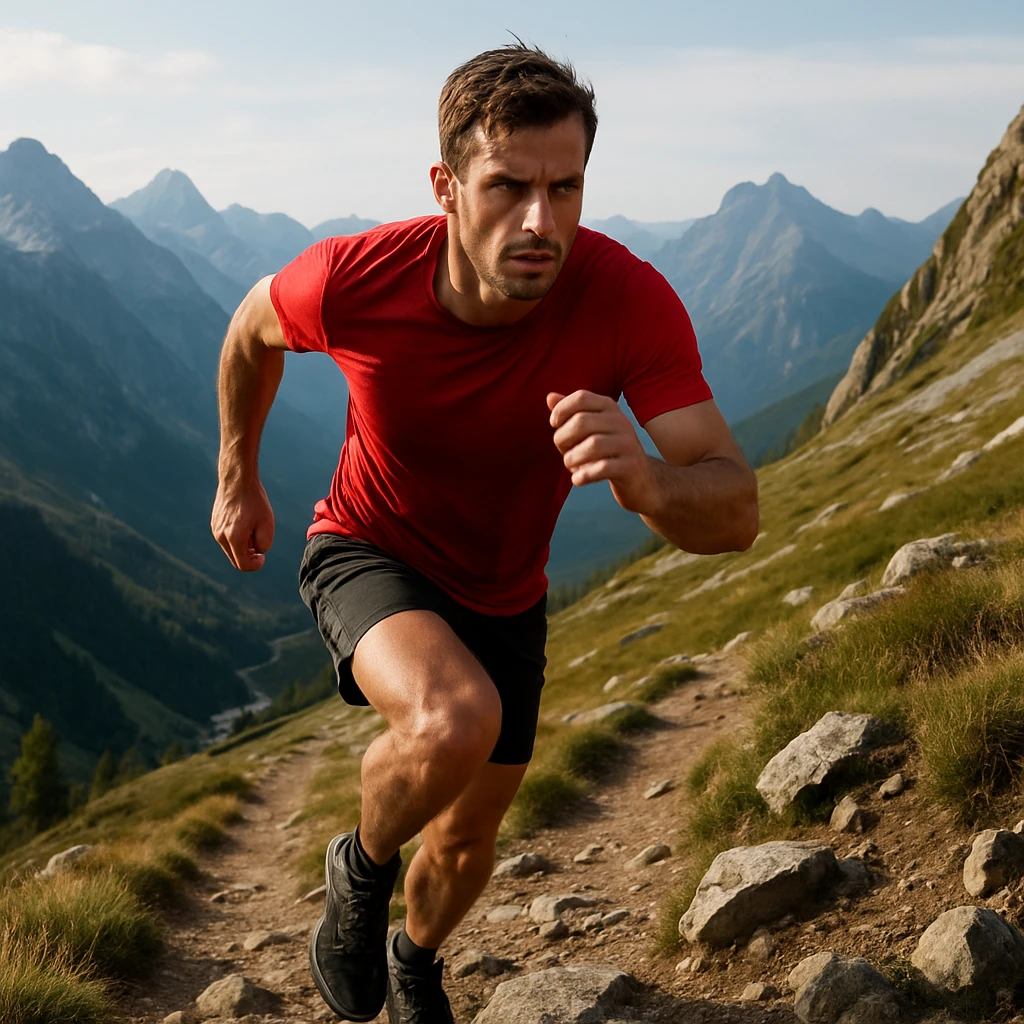 a mountain trail runner running uphill, determined expression, mountain landscape emoji