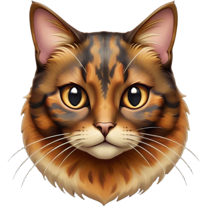 Cinematic Noble Tortoiseshell Cat Portrait Emoji, Poised and dignified, showcasing a luxurious, mottled fur of rich browns and blacks, with elegantly arched whiskers and a determined yet gentle expression, simplified yet meticulously detailed, glowing with a subtle, regal radiance, high shine, embodying quiet nobility and refined charm, soft glowing outline, capturing the essence of a sophisticated tortoiseshell cat exuding quiet authority! emoji