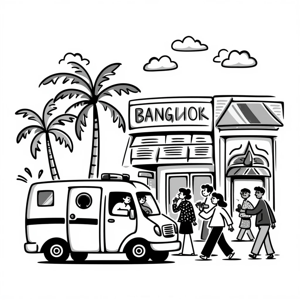 Busy Bangkok hospital exterior with ambulance and Thai architectural details emoji