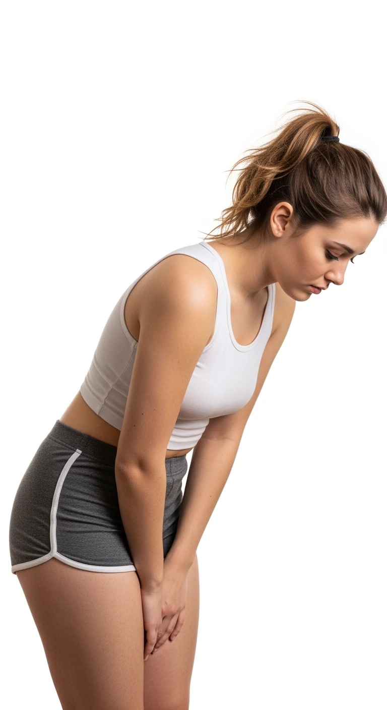 donna giovane con cellulite in gym short leggermente piegata in avanti, con espressione dispiaciuta in volto isolata su sfondo bianco emoji