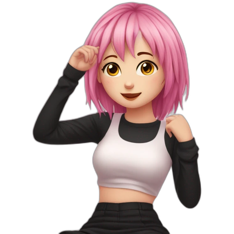 Full body Front view curvy emo girl pink hair sits on the floor straight view hands up black skirt полосатые рваные чулки emoji