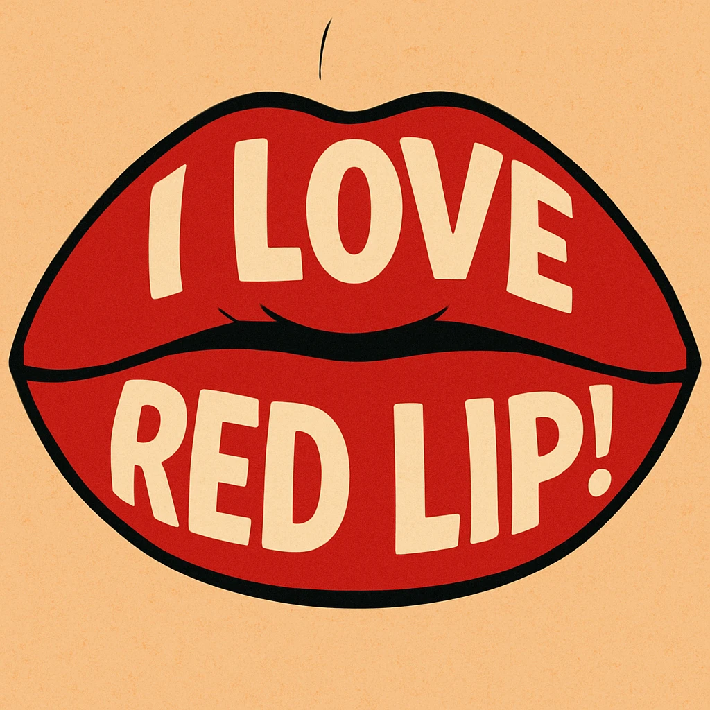 close-up of closed lips with vibrant matte red lipstick, bold and graphic, with the phrase 'I love red lip!' incorporated emoji