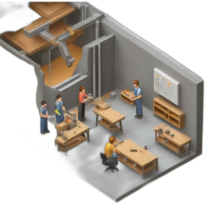 isometric teacher with student woodshop metalshop people teaching tools simple brutalist industrial makerspace concrete close up  emoji