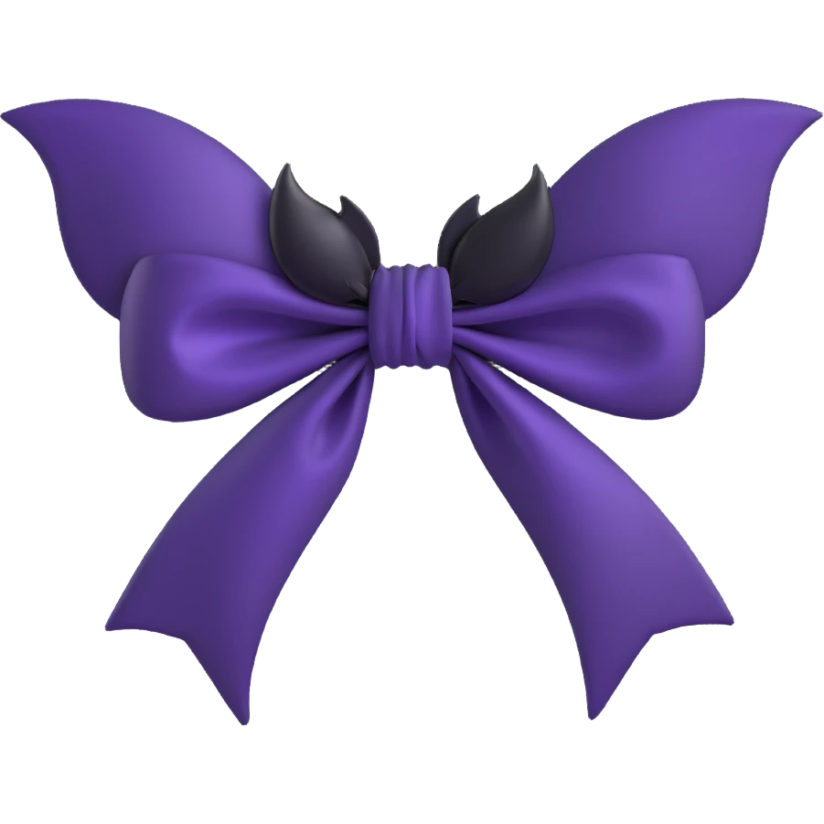 3D emoji gothic bow, midnight purple silk, silver bat brooch, black feather accents, mysterious and lush emoji