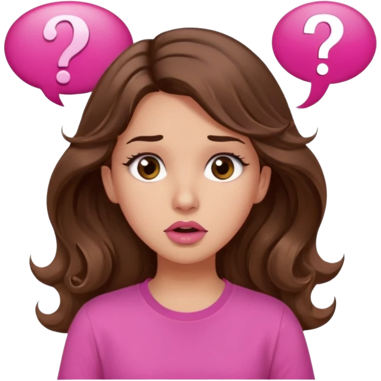 girl with long wavy brown hair, brown eyes, light to medium complexion, in a pink shirt, pink lips, long lashes, confused, question mark speech bubble emoji