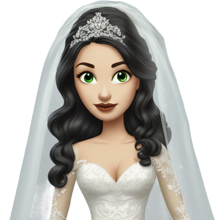 Hyper Realistic ornate ballgown long sleeve Wedding dress with diamanté on Russian bride with pale skin and green eyes and long black hair with veil hyper realistic  emoji