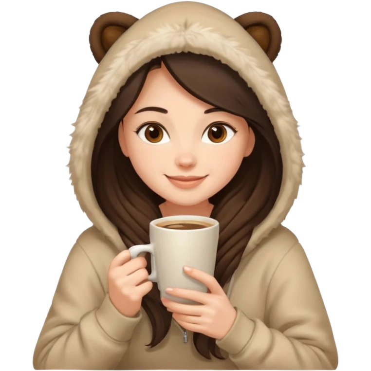 a brunette girl sitting cozily in a beige fur hoodie sipping coffee emoji