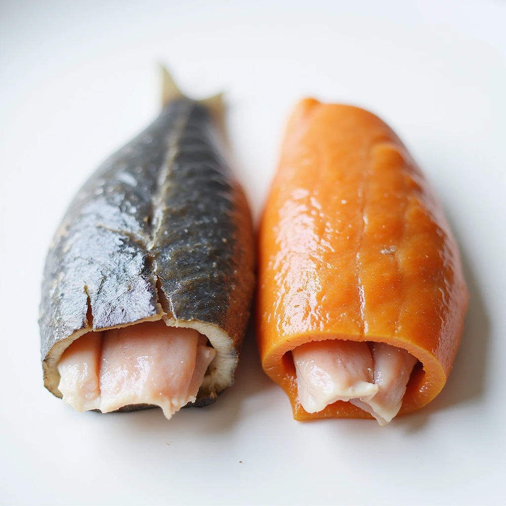 two whole fish (one gray, one orange) cut in half to show the difference in flesh color inside, photographic style, 4K resolution emoji