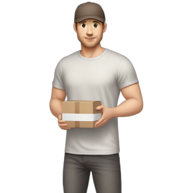 Pale skinned fit Man with dark brown hair in a light gray cap, dark brown jeans, brown polo and white T-shirt keeping a pasted with tape white box into his hands emoji