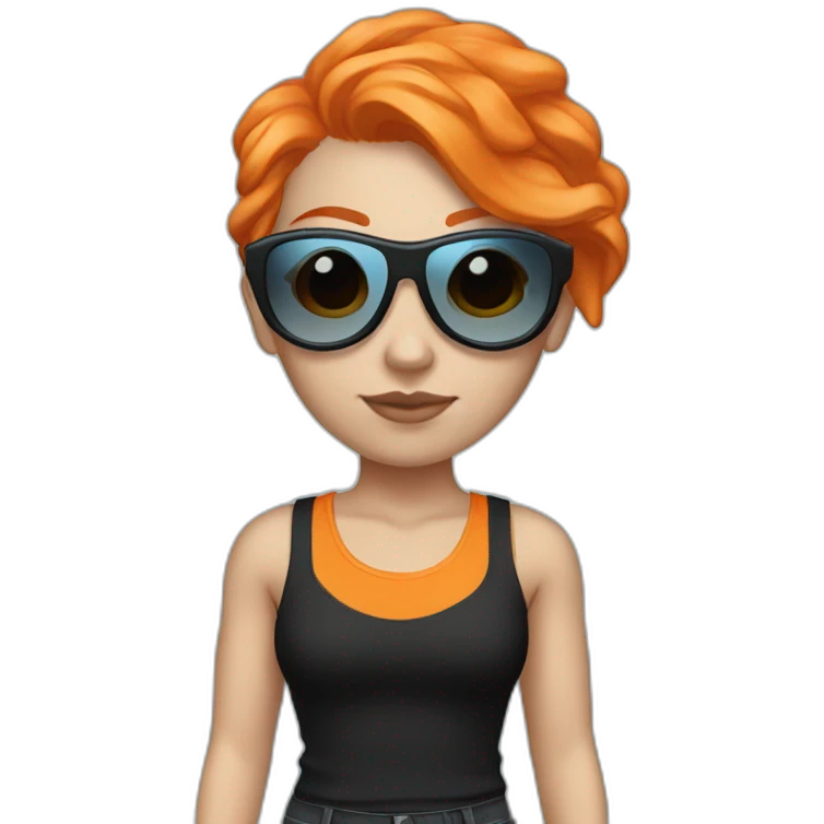 White girl with orange hair, futuristic sunglasses, light blue tank top and black pants emoji