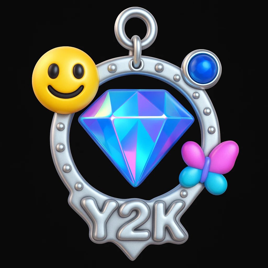 convert to a Y2K style charm: add a silver jump ring to the top for attaching to a bracelet or necklace, keep the holographic diamond, blue sapphire accent, and playful Y2K details, 3D emoji style emoji