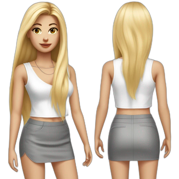 hyperrealistic caucasian blonde, long straight hair, white deep v-neck crop tanktop, gray tight mini skirt emoji