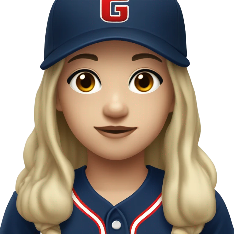Black long hair and white skin girl wearing navy ballcap emblazoned with a red G initial and wearing baseball uniform emoji