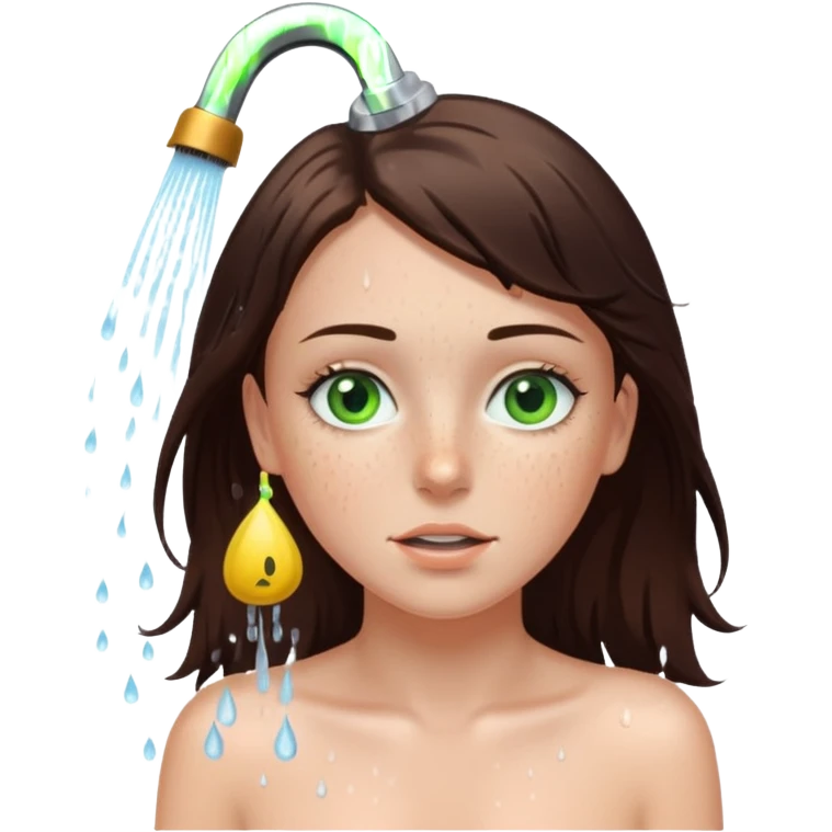 a white brunette girl with green eyes and freckles taking a shower emoji
