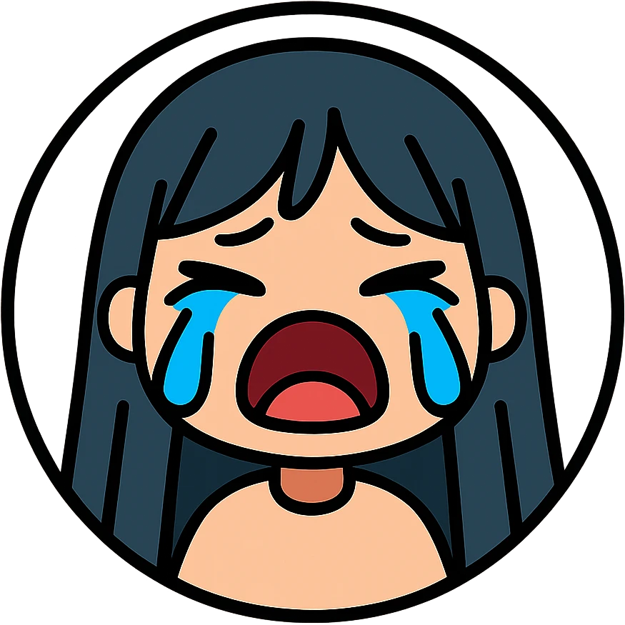 chibi cyberpunk girl with long straight black hair, large glowing neon-blue anime eyes, light peach skin, round face, small nose, soft cheeks, thin black line art, crying expression with tightly shut eyes, mouth wide open as if sobbing, big teardrops running down both cheeks, pure white background, inside a thin black circle emoji