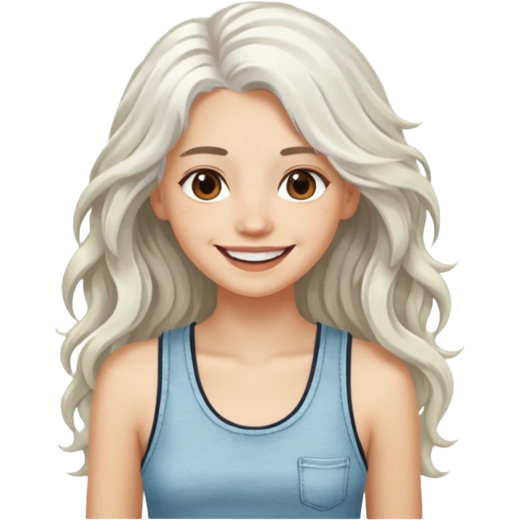 woman with wavy long white hair and brown eyes. smiling in a grunge tanktop. pale skin. emoji