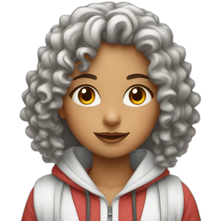 a west eastern tenage curly girl wearing a white hoodie working on a laptop emoji