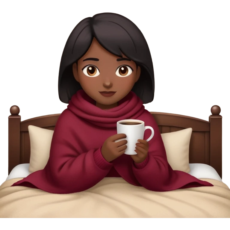 A cozy Apple-style emoji of a girl with short black hair, wearing a burgundy sweater, wrapped in a soft blanket, and holding a warm cup of coffee. Her skin tone is a bit darker than olive, and she’s wearing mascara. She looks relaxed and cute, with a warm and peaceful vibe emoji