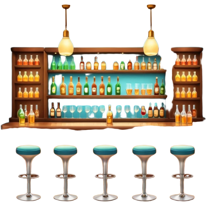 A 3D cartoon bar interior with bottles on glass shelves, counter lighting, high stools, and glowing drink glasses, warm ambient light, realistic Memoji-style. emoji