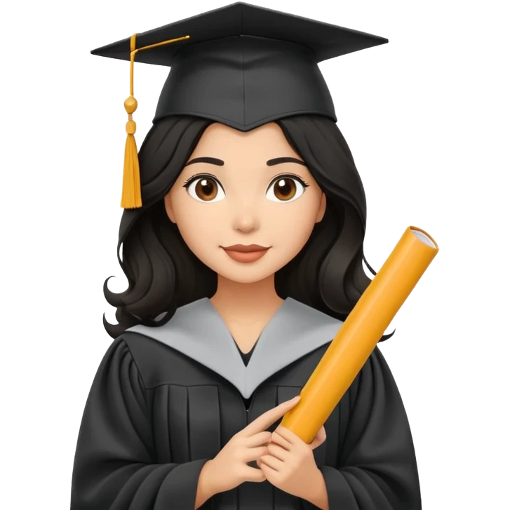 beautiful latina woman with wavy black hair wearing graduation cap and gown, holding diploma emoji