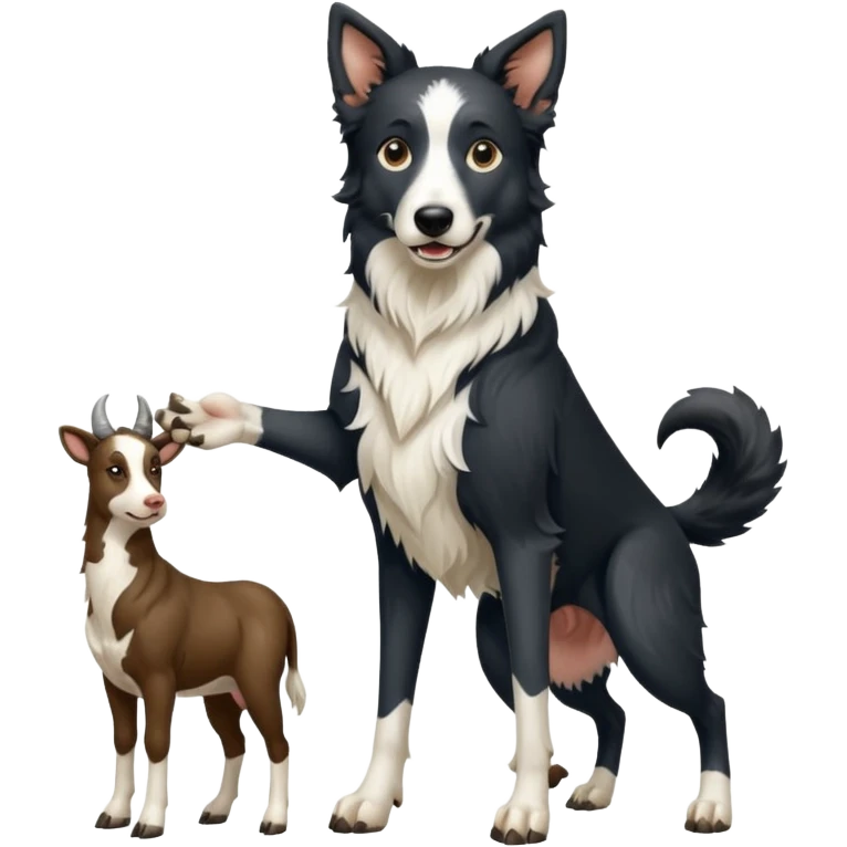 A black and white border collie werewolf, standing on her hind legs, holding a cow's hoof. emoji