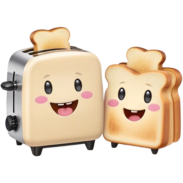 Cute Kawaii Toaster, tiny and square, soft pastel cream with a happy smile, chubby cheeks, two little toast slices popping out, giggling in excitement! emoji