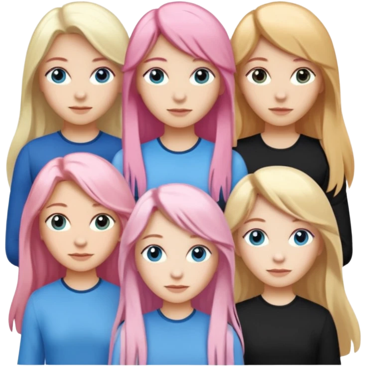 Girlfriend emoji - include 1 white girl with long light pink hair and blue eyes, 1 white girl with brown eyes and medium honey blonde hair, and 2 white girls with brown eyes and long dark brown hair, 1 white girl with blue eyes and light blonde hair,  emoji