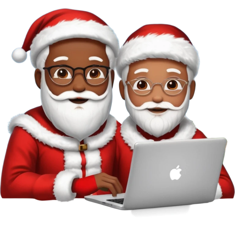 Jeune développeur homme de teint noir, assis devant un ordinateur portable affichant du code, dans une ambiance de week-end festive. À côté de lui se tient le Père Noël, souriant, portant sa tenue traditionnelle rouge et blanche.  emoji
