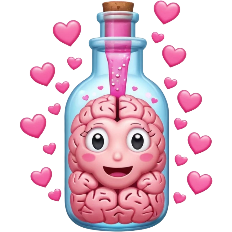 A cartoon brain inside a cute glass bottle with pink liquid, labeled “obsessed”, with hearts and sparkles swirling around. emoji