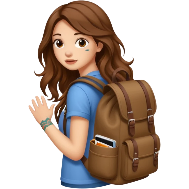 cute woman long wavy brown hair tattoos hiding in backpack emoji