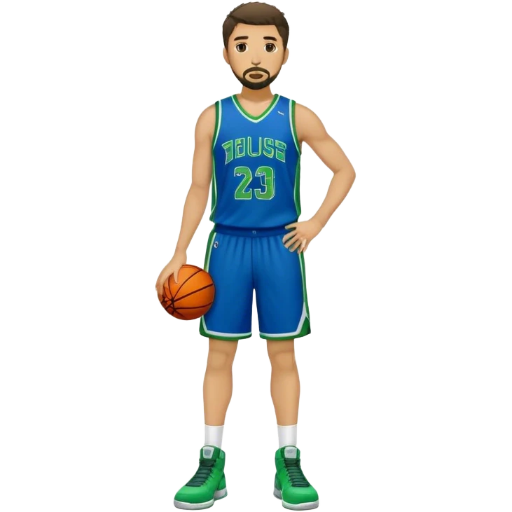 Full Body white male basketball player with short dark shaggy hair and goatee wearing blue and green uniform emoji