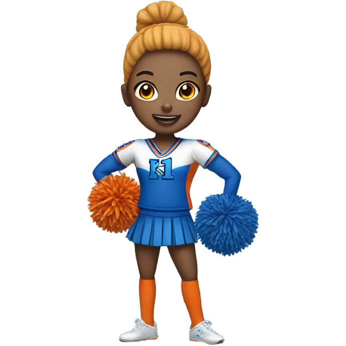 Cheerleader with orange and blue Pom poms  in her hand and a “K1 “on Uniform emoji