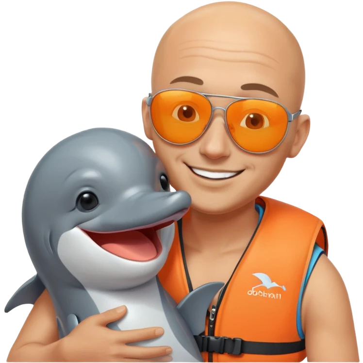 bald man smiling with sunglasses over his head and orange life vest hugging and kissing a dolphin emoji