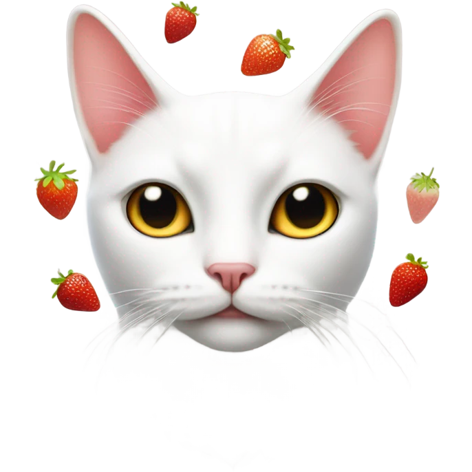 A white cat and a strawberry  emoji