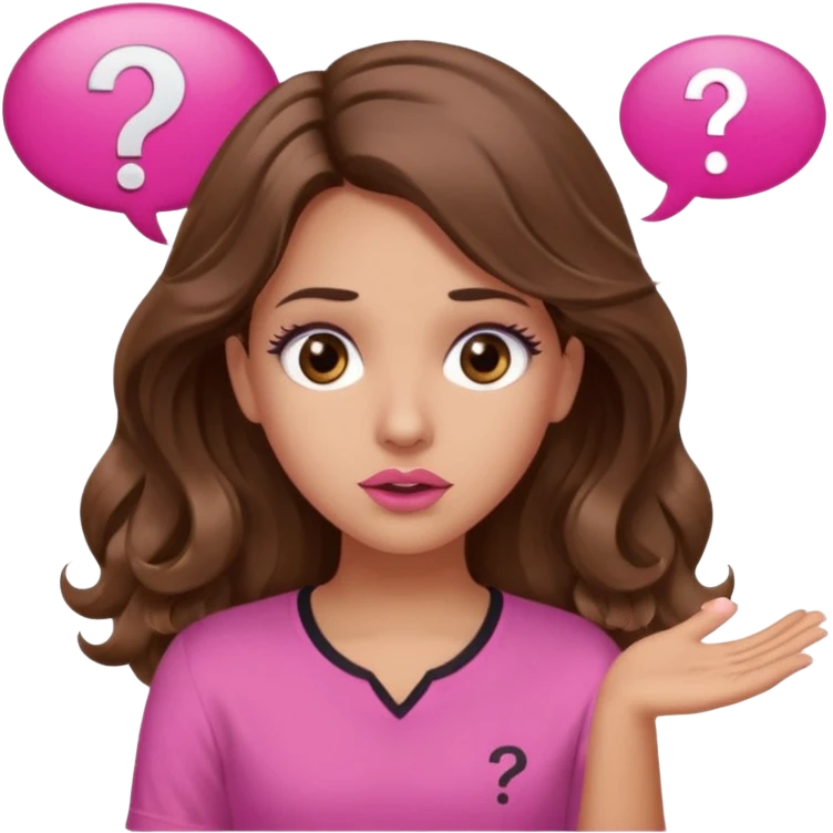 girl with long wavy brown hair, brown eyes, light to medium complexion, in a pink shirt, pink lips, long lashes, shugging, question mark one speech bubble emoji